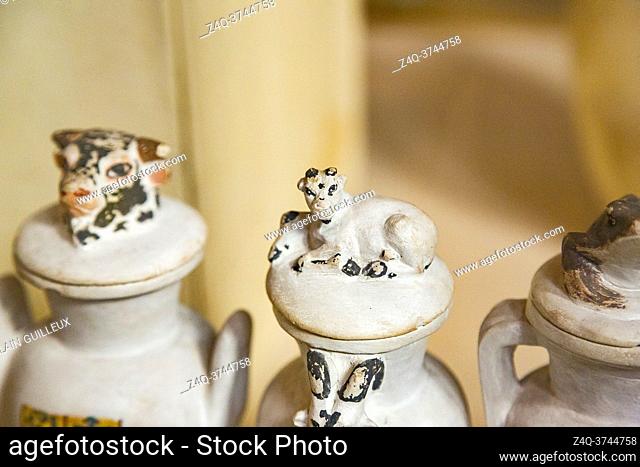 Egypt, Cairo, Egyptian Museum, from the tomb of Yuya and Thuya in Luxor : Dummy vases in limestone, belonging to Yuya. The lids have the form of animals : Bulls...