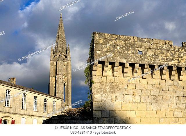 Belfry of Monolithe church, in Saint Emilion, town listed as World Heritage by UNESCO  Libourne district, Gironde department, Aquitania region  France