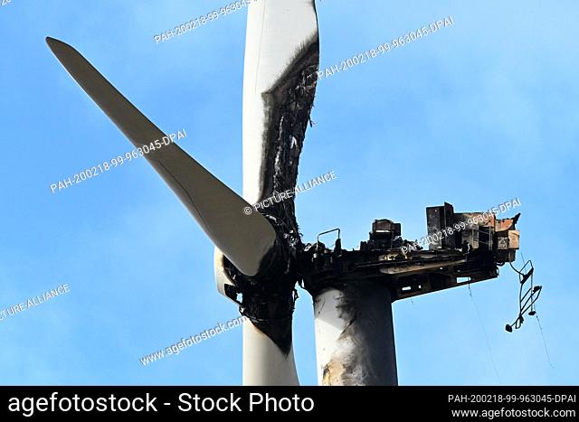 18 February 2020, Hessen, Körle: The burnt down wind turbine near Körle. Four days after the fire of a wind turbine in northern Hesse