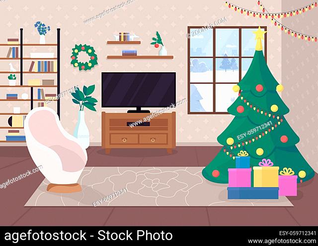 Modern christmas house inside flat color vector illustration. Traditional merry atmospere. Holiday time. Decorated tree with lights