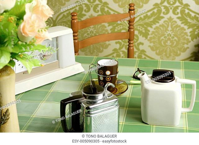 coffee machine retro kitchen green tablecloth