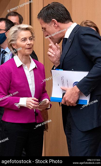 European Commission President Ursula Von der Leyen and Prime Minister of the Netherlands Mark Rutte pictured during the plenary session of the heads of...