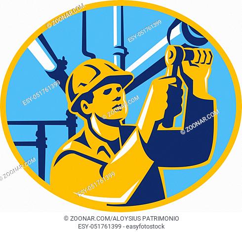 Illustration of a gas pipefitter plumber maintenance worker with socket wrench tightening pipe tubing set inside oval done in retro style