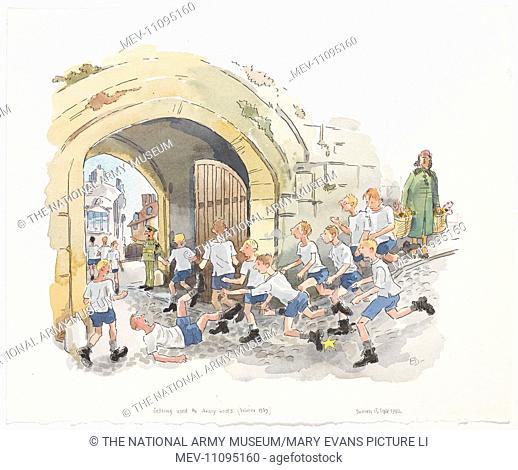 Getting used to Army Boots. (Winter 1939). Recruits in training, Winchester.Unframed watercolour, pen and ink by Eric Dawson, 1939 (c)