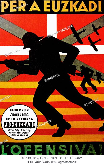 Spanish Civil War Republican propaganda poster 'Per a Euzkadi l'ofensiva! ('For the Basque Country: attack!). Spanish Civil war 1936