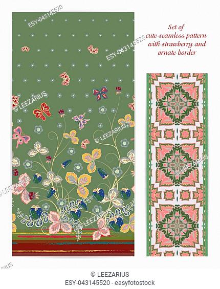 Set of seamless vector vertical pattern with Decorative colorful pastel strawberry and butterfly ornament on green background and ornate border
