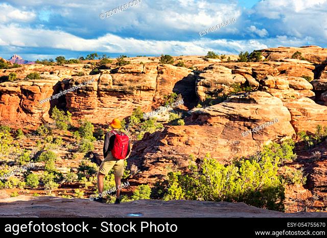 Hike in the Utah mountains. Hiking in unusual natural landscapes. Fantastic forms sandstone formations