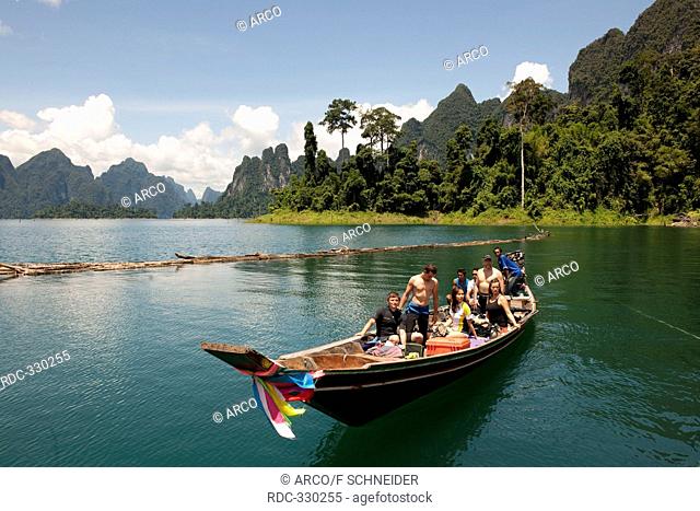 Reservoir, longtail boat, divers, Khao Lak, Khao Sok national park, Surat Thani Province, Thailand