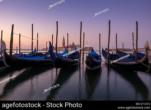 Dawn, Grand Canal with gondolas and Campanile di San Giorgio, Venice, Veneto, Italy, Europe