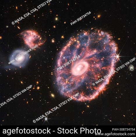 This image of the Cartwheel and its companion galaxies is a composite from Webb€™s Near-Infrared Camera (NIRCam) and Mid-Infrared Instrument (MIRI)