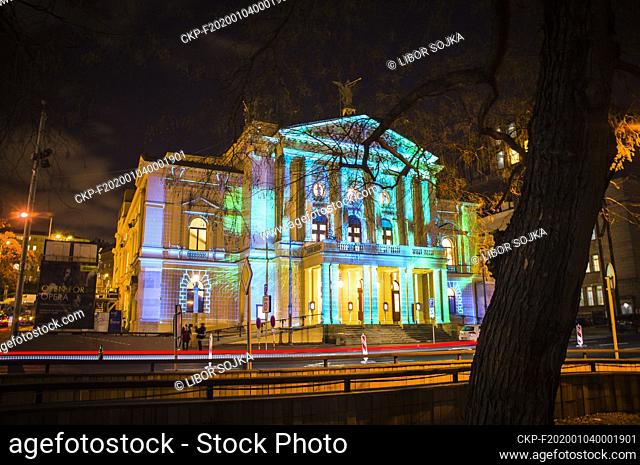 Gala concert on the occasion of re-opening of State Opera Prague (on the photo of January 3rd the audio visual show on facade of State Opera) to public after...