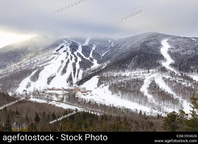 Cannon Mountain from Bald Mountain in Franconia Notch, New Hampshire on a cloudy winter morning