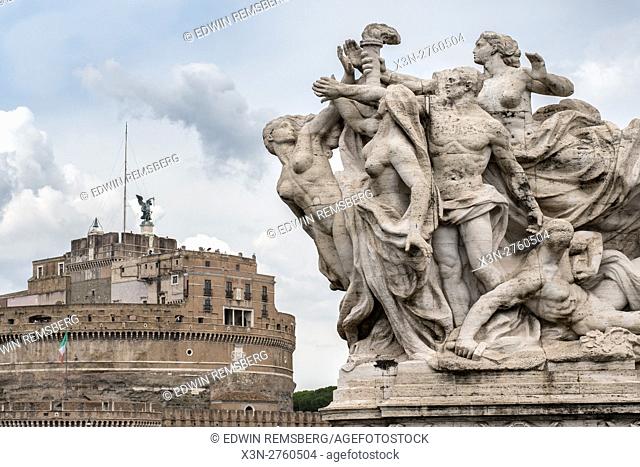 Rome, Italy- Close up of a Roman sculpture with Castel Sant'Angelo and the Hadrian's Mausoleum in the background built in 123 AD by Emperor Hadrian as a tomb...