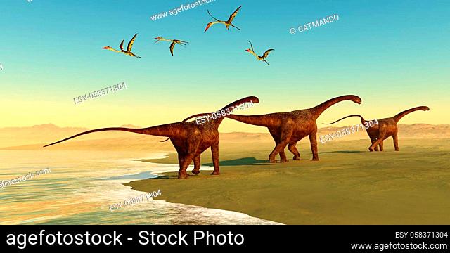 Quetzalcoatlus reptiles fly out to sea as a herd of Malawisaurus dinosaurs go in search of vegetation to eat