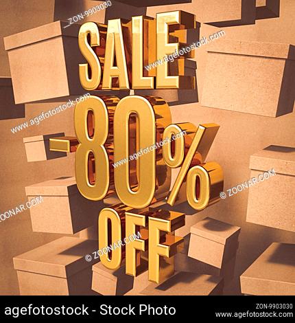 Gold 80 Percent Off Discount 3d Sign with Packaging Boxes Sale Banner Template, Special Offer 80% Off Discount Tag, Golden Sale Sticker, Gold Sale Symbol