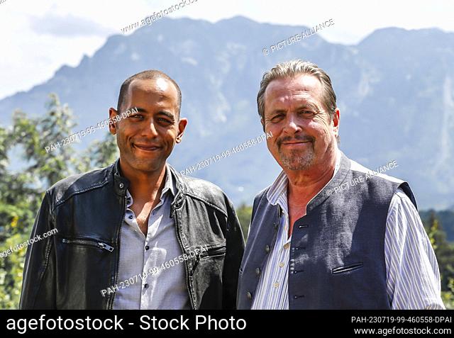 19 July 2023, Bavaria, Ainring: Peter Marton (l) and Andreas Giebel at the photo and press appointment on the set of the TV series ""Watzmann ermittelt""