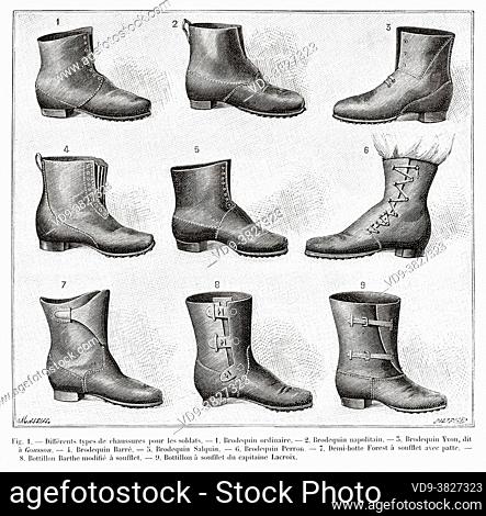 Different types of shoes for soldiers. Old 19th century engraved illustration from La Nature 1893