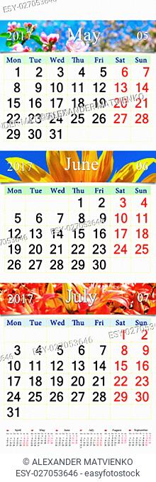 office calendar for three months May June and July 2017 with pictures of nature