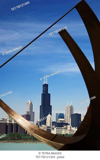 Adler Planetarium sundial and city skyline Chicago Illinois USA