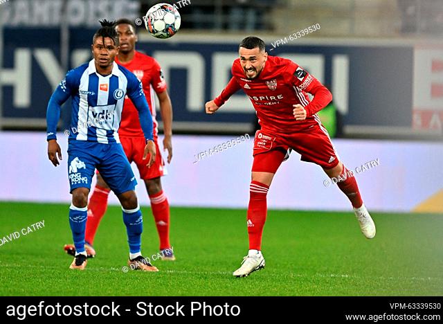 Eupen's Jason Davidson pictured in action during a soccer match between KAA Gent and KAS Eupen, Sunday 19 March 2023 in Gent