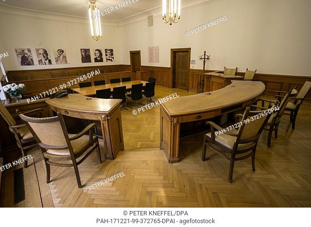 View of the meeting hall 216 (nowadays 253) at the Palace of Justice at Prielmayerstrasse 7 in Munich, Germany, 21 December 2017