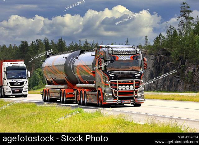 Scania S650 truck 2019 Kuljetus Auvinen Oy for bulk transport trucking along motorway on a day of summer. Paimio, Finland. June 16, 2020
