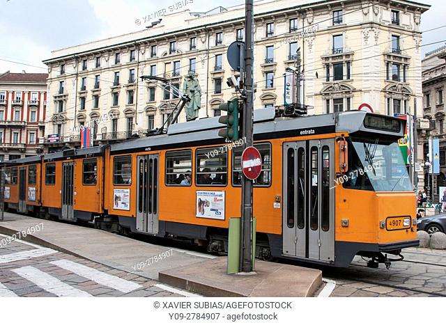 Tram, Cordusio Place, Milan, Lombardy, Italy