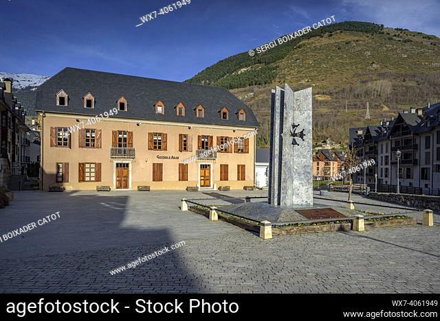 Aranese language Monument and Conselh Generau d'Aran building, in Vielha (Aran Valley, Catalonia, Spain, Pyrenees)