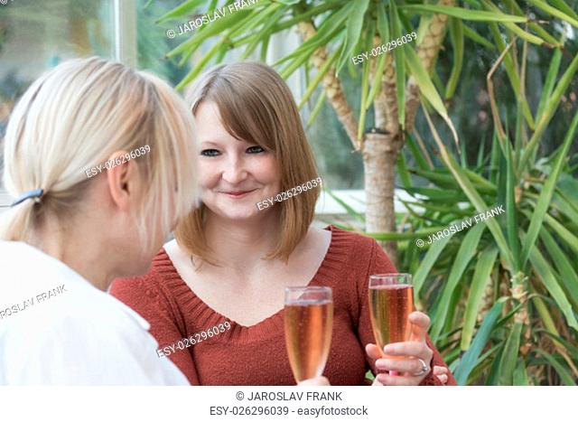 Young redhead woman is talking with blonde middle aged woman sitting in the conservatory. Both women are holding a glass of champagne in their hands