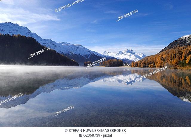 Lake Champfer with larch forest with autumnal colouring, Mt Piz da la Margna at back, St. Moritz, Engadine, Grisons, Switzerland, Europe