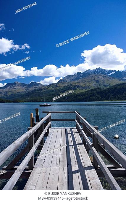 Switzerland, Graubünden, Engadin, Oberengadin, Silser lake, bridge