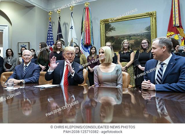 United States President Donald J. Trump speaks from the White House in Washington, DC during a congratulatory call to NASA astronauts Jessica Meir and Christina...