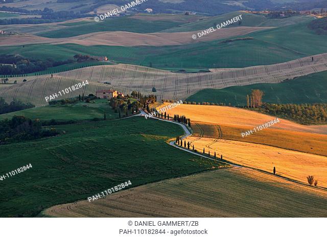 06/29/2018, Italy, Radicofani: View from a terrace in Montepulciano over the Orcia valley in Tuscany in Italy. Photo: Daniel Gammert / dpa-Zentralbild / ZB |...