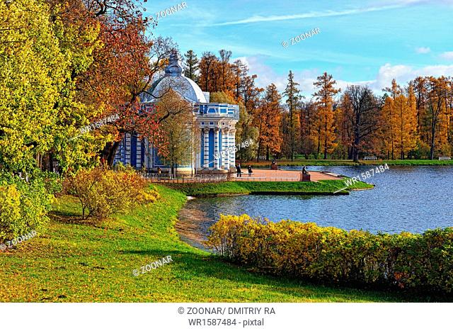 Autumn landscape with Grot pavillion in Catherine garden, Pushkin