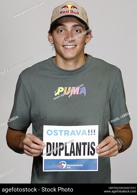 Armand Duplantis (Sweden) poses with the starting bib of the Golden Spike Ostrava 2023 meeting prior to the 63rd edition of the annual athletics event