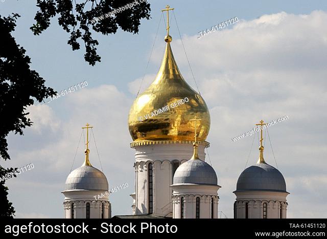RUSSIA, MOSCOW - AUGUST 28, 2023: A view of cupolas of the Cathedral of the Archangel at the Moscow Kremlin. Vladimir Gerdo/TASS