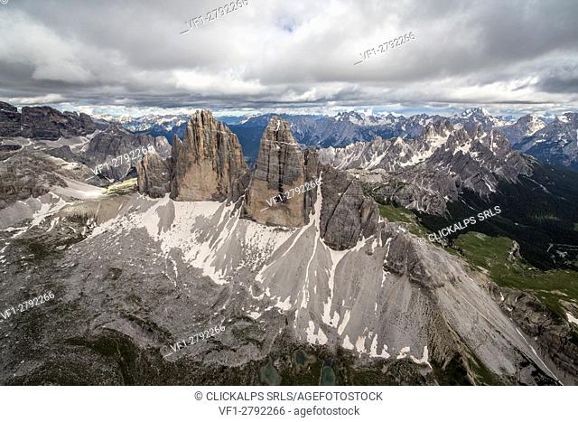 Aerial view of the Three Peaks of Lavaredo on a cloudy day. Dolomites. Cadore. Veneto. Italy. Europe