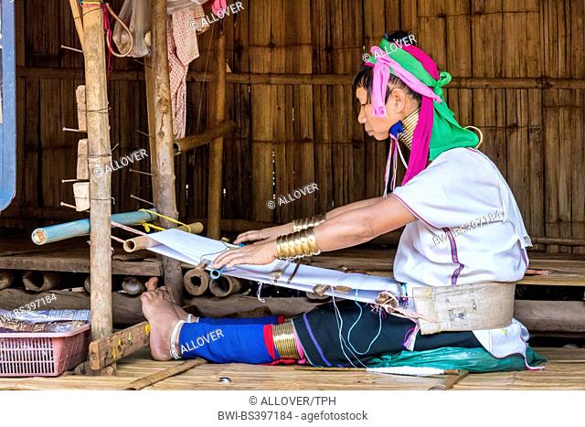 Long Neck Karen works with a loom, Thailand, Chiang Rai