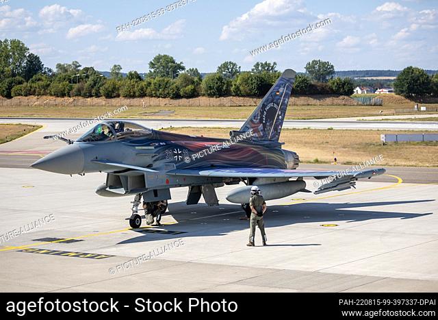 15 August 2022, Bavaria, Neuburg An Der Donau: A German Eurofighter with special ""Rapid Pacific 2022"" livery is ready for takeoff at Neuburg Air Base