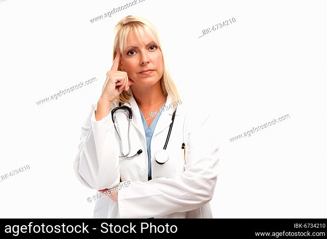 Serious female blonde doctor or nurse isolated on a white background
