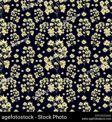Digital photo collage and manipulation technique nature floral collage sunflowers motif seamless pattern design in yellow and blue tones against black...