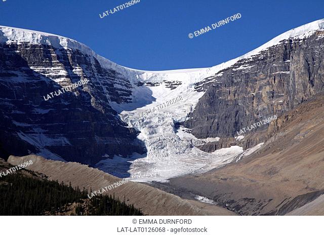 Athabasca Glacier is in the Columbia Icefields in Jasper National Park in the Rockies. Due to global warming, the glacier has receded more than 1
