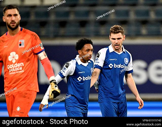 Gent's Hugo Cuypers celebrates after scoring during a soccer match between KAA Gent and RWDM Racing White Daring Molenbeek, Saturday 09 December 2023 in Gent