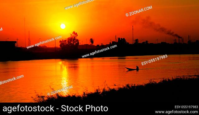 Landscapeof Euphrates river in Nasiriyah city at the sunset, Iraq