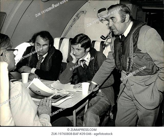 Aug. 08, 1976 - Defence Chief gets air view of the Kiev.: Defence Secretary Mr. Roy Mason wearing a Mae West on board a Nimrod reconnaissance jet on a flight...