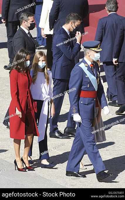 King Felipe VI of Spain, Queen Letizia of Spain, Crown Princess Leonor, Princess Sofia attends The National Day Military Parade at Royal Palace on October 12