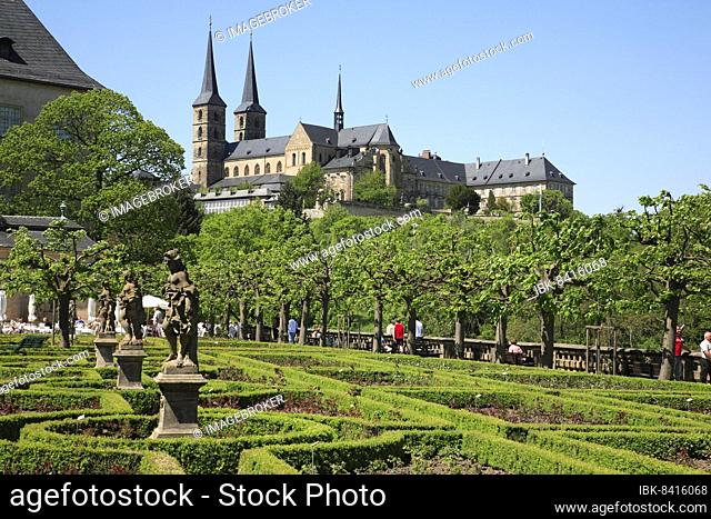 Michelsberg Monastery, Michaelsberg, former Benedictine Abbey, Bamberg, Upper Franconia, Bavaria, Germany, View from the garden of the Residence to Michelsberg...