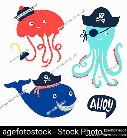 Vector illustration Little pirate lettering with cute jellyfish, octopus, whale in pirate's hat with scull and bones and hand hook. Kids logo emblem