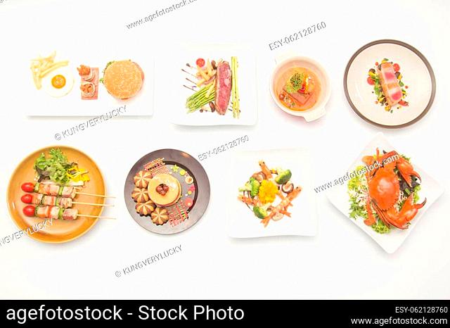 International food for dinner on white table