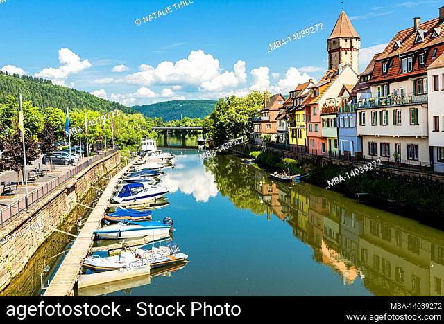 wertheim on the romantic road, colorful row of houses on the tauber and the harbor in wertheim